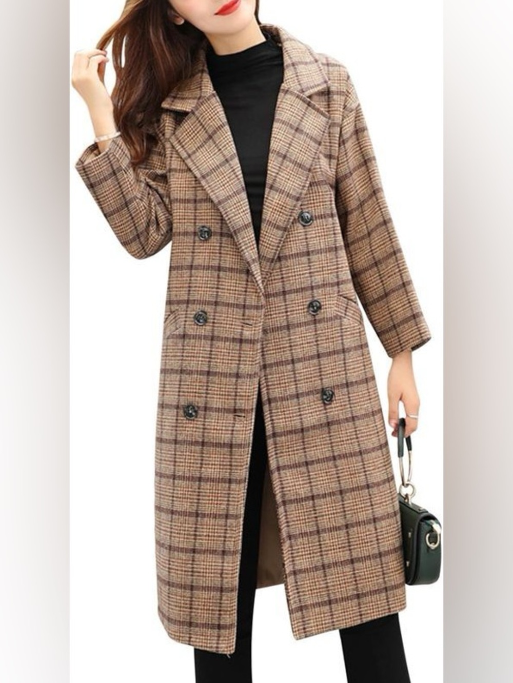 Tanming Wool Blend Plaid Double Breasted Womens Coat Size XXL